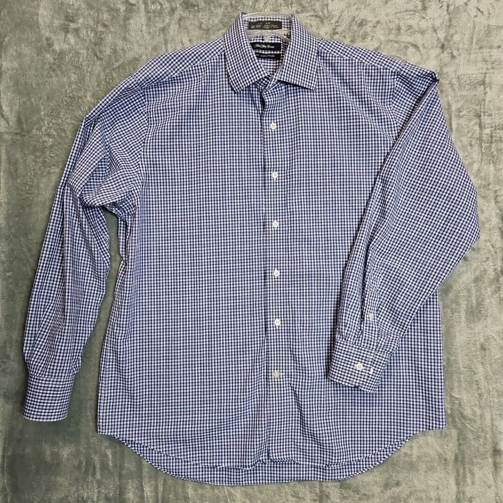 Saks Fifth Avenue blue red white plaid slim fit button front shirt 17 34-35 cot - Picture 1 of 11
